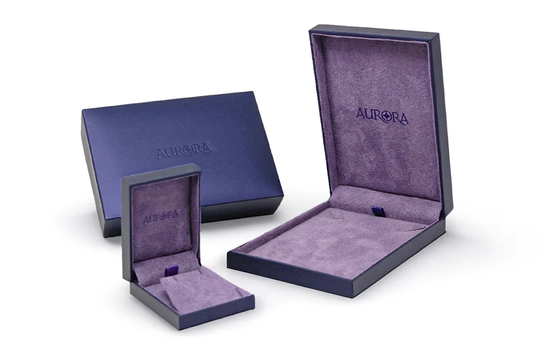 Purple Suede Jewelry Boxes with Debossed Branding